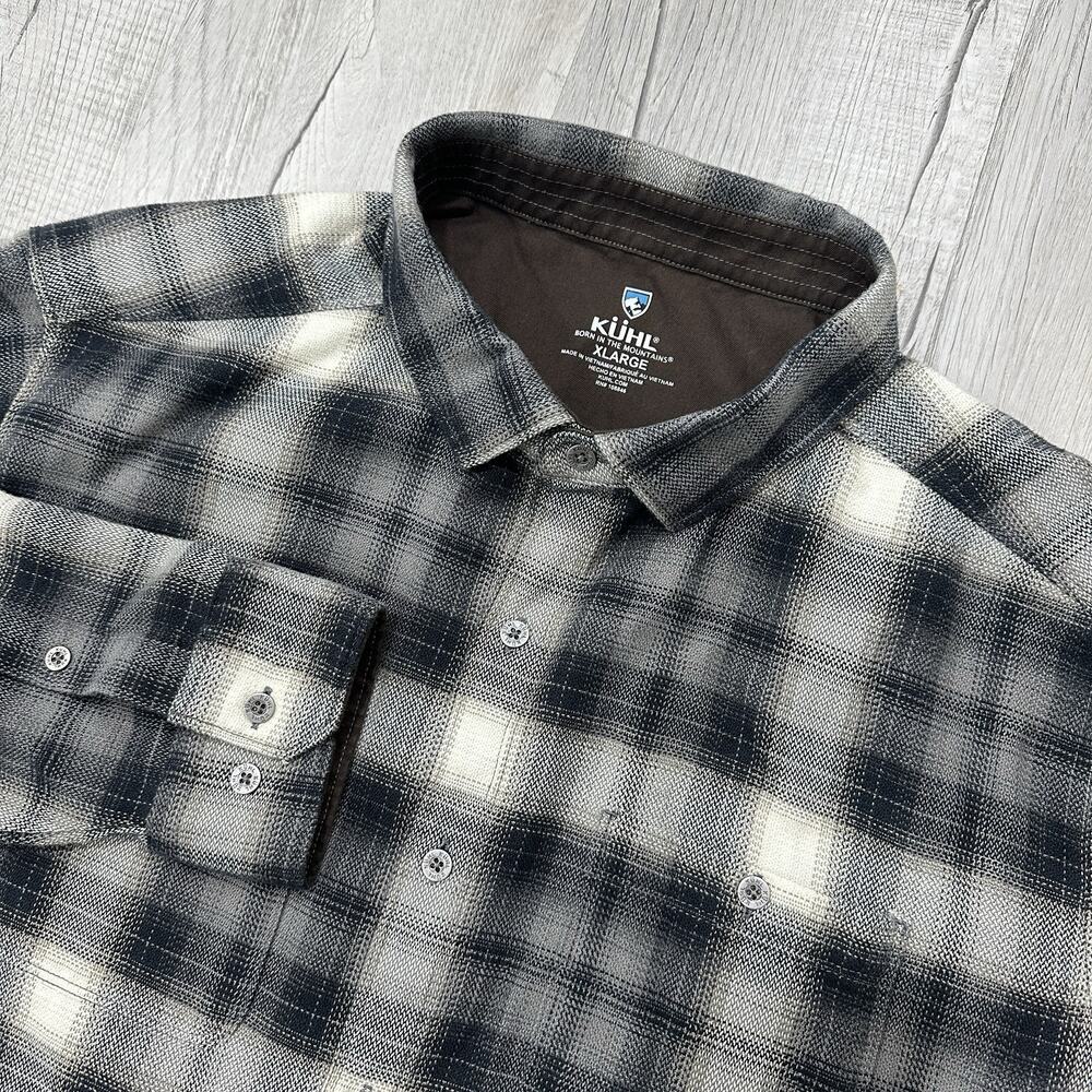 Kuhl Shirt Mens XL Gray Black Plaid Long Sleeve Button Up Performance Stretch